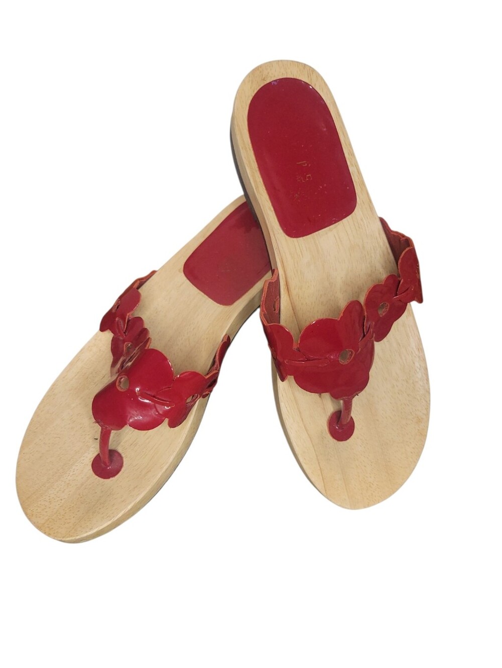 Lauren Ralph Lauren Red Floral Leather Wood Sandals Thong Slides Boho Resort 7